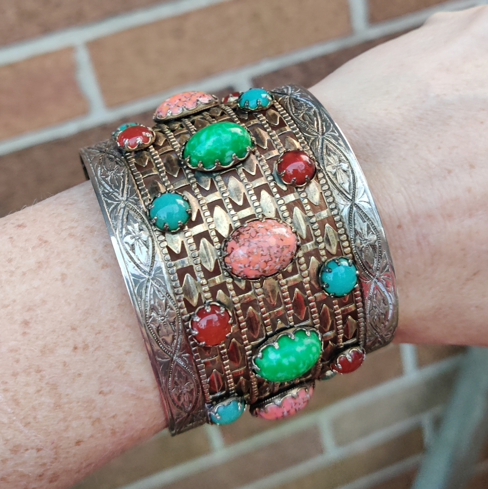 Rare vintage medieval style colorful gemstone wide cuff bracelet - Picture 2 of 6